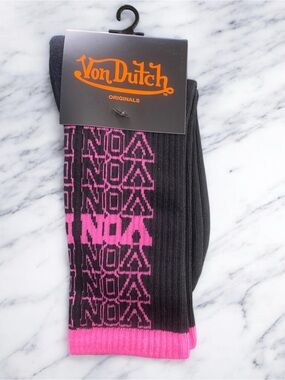Von Dutch Black & Pink Logo Crew Socks